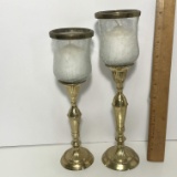 Pair of Brass Pedestal Graduated Candle Holders with Crackle Glass Tops