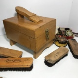 Vintage Oak Shoe Shine Box FULL of Accessories