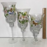 Beautiful 3 pc Set of Graduated Crackle Glass Candle Holders with Floral & Butterfly Design