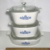 Set of 3 Blue Cornflower Corning-ware Casserole Dishes with Lids