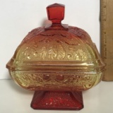 Pretty Vintage 2 Pc Amberina Glass Candy Dish with Embossed Acorn Design