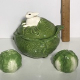 Adorable Ceramic Cabbage Lidded Bowl with Bunny & Cabbage Salt & Pepper Shakers