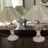 Pair of Vintage Milk Glass Lamps with Floral Design