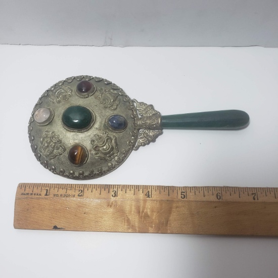 Vintage Small Silver Jeweled Hand Mirror