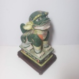 Vintage Ceramic Foo Dog on Wood Platform