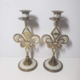 Vintage Brass and Mother of Pearl Candle Holders Set of 2