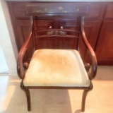 Vintage Unique Wood Carved Back Chair with Velvet Seat & Hand Painted Backs