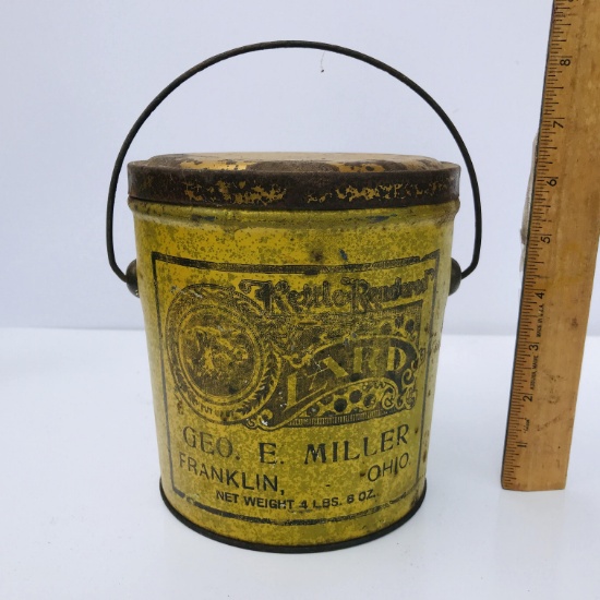 Vintage Kettle Rendered Geo. E. Miller Lard Bucket Franklin Ohio