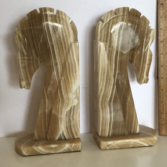 Tall Heavy Alabaster Horse Head Bookends