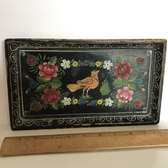 Pretty Vintage Wooden Hand Painted Floral Tray with Bird