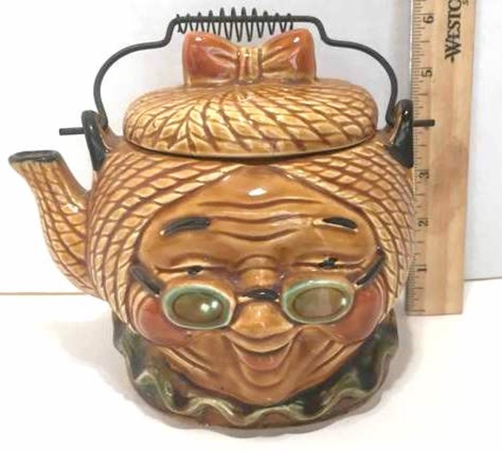 Vintage Japanese Figural Granny Ceramic Tea pot with Metal Handle