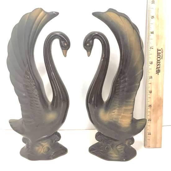 Pair of Vintage Ceramic Black Swans Statues