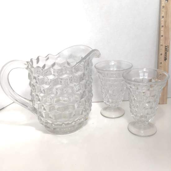 Set of Heavy Fostoria Glass Pitcher and Two Goblets