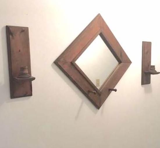 Vintage Wooden Mirror and Candle Holders Wall Hanging Set