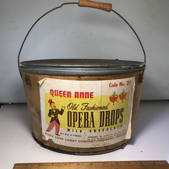 Early “Queen Anne Old Fashioned Opera Drops Milk Chocolate” Heavy Cardboard Advertisement Bucket