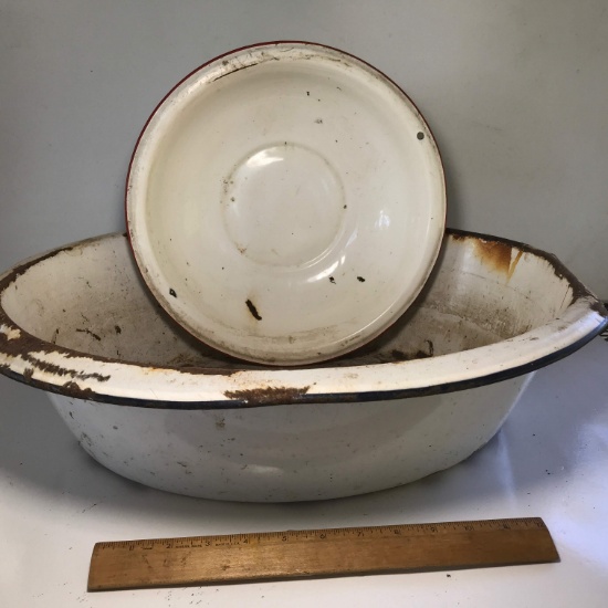 Large Antique Oval White with Blue Enamel Basin & White with Red Enamel Bowl