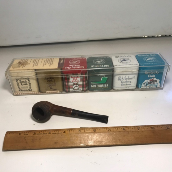 Set of 6 Vintage 1 oz Advertisement Tins Stored in Plastic Case with Vintage Smoking Pipe
