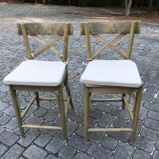 Impressive Pair of Wooden Bar Stools with Cushions with Criss-Cross Backs