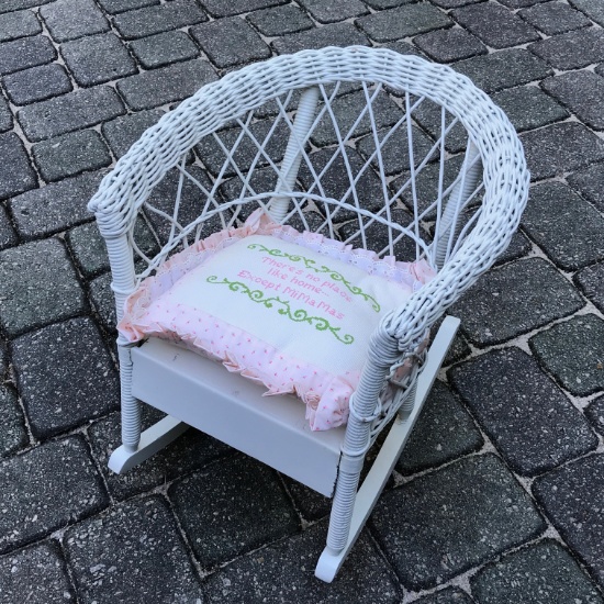 Pretty White Wicker Children’s Rocking Chair with Cushion