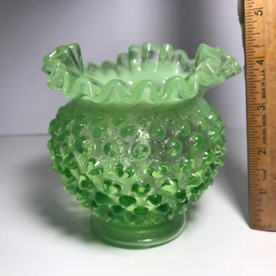 Gorgeous Green Hobnail Fenton Vase with Ruffled & Wavy Edge