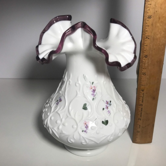 Impressive Vintage Signed Fenton Hand Painted Embossed Vase with Purple Ruffled & Wavy Edge