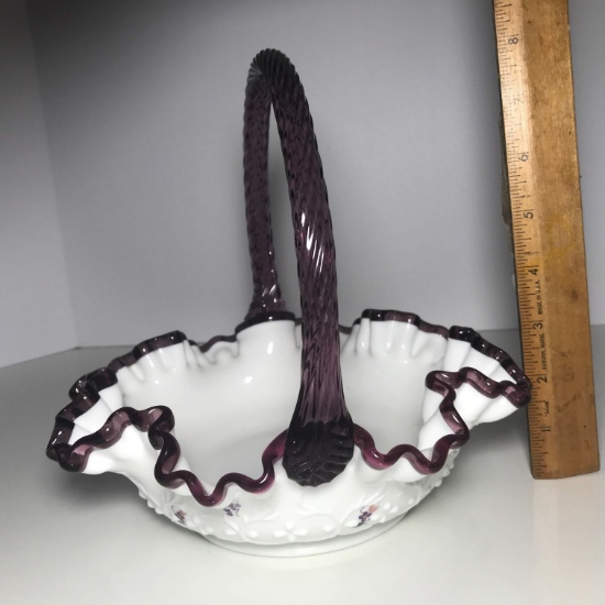 Pretty Milk Glass Signed Fenton Hand Painted Floral Basket with Purple Handle & Edge