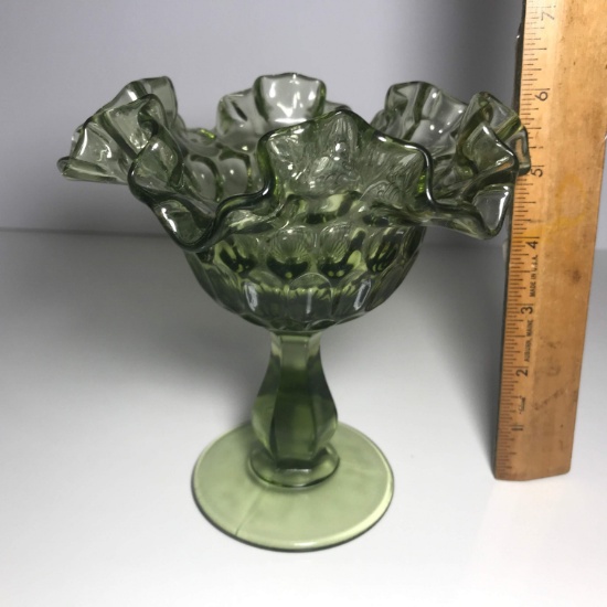 Nice Vintage Green Glass Compote with Thumbprint Design