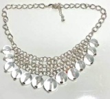 Silver Tone Bib Style Necklace with Clear Beads