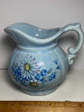 Pretty Baby Blue McCoy Pottery Pitcher with Daisy & Floral Design Signed on Bottom