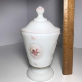 Impressive Milk Glass Floral Signed Fenton Pedestal Dish with Lid Signed by Artist