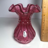 Pretty Cranberry Fenton Glass Ruffled Top Vase with Original Foil Label