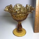 Vintage Amber Glass Ruffled Edge Compote with Thumbprint Design