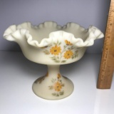 Gorgeous Vintage Fenton Hand Painted Compote with Ruffled Edge Signed by S. Walsh