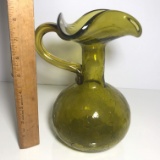 Large Vintage Crackle Glass Pitcher with Wavy Top