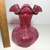 Beautiful Embossed Cranberry Glass Vase with Ruffled Edge