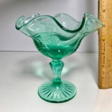 Vintage Turquoise Glass Compote with Ruffled Edge
