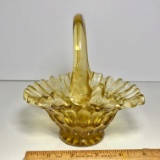 Beautiful Amber Glass Thumbprint Basket with Ruffled Edge