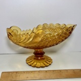 Unique Vintage Amber Glass Pedestal Bowl with Thumbprint Design o Base