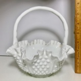 Pretty Vintage Hobnail Milk Glass Fenton Basket with Ruffled Edge