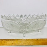 Gorgeous Crystal Footed Oblong Bowl with Etched Floral Design & Saw Tooth Edge