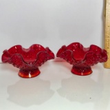 Pair of Vintage Signed Fenton Ruby Red Small Candlesticks