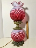 Impressive Early Signed Gone With the Wind Fenton Glass Cranberry Hobnail 2-Way Lamp