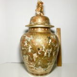 Large Vintage Oriental Imari Jar with Hand Painted Figural Scenes, Foo Dog Finial Lid & Gilt Accent