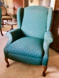 Vintage Reclining Side Chair with Green Upholstery & Queen Anne Wooden Legs