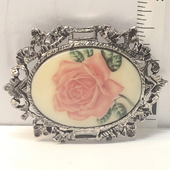 Silver Tone Porcelain Rose Brooch