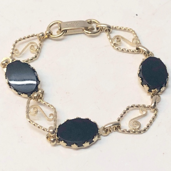 Vintage Dixelle 12k Gold Filled Ornate Onyx Bracelet
