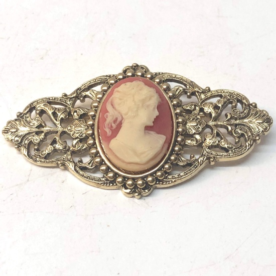 Gold Tone Faux Cameo Brooch