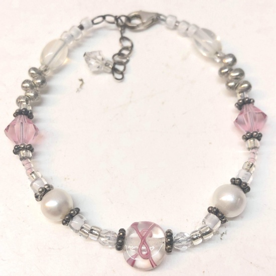 Beautiful Silver Plated Pink Crystal and Genuine Pearl Bracelet