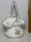Beautiful White Fenton Glass Floral Basket Hand Painted by Nancy Roberts with Clear Edge & Handle