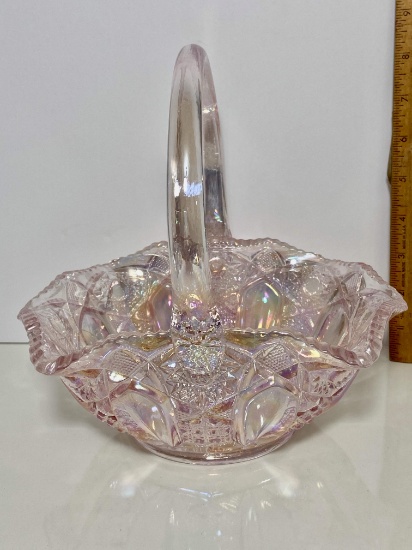 Beautiful Vintage Pink Carnival Smith Glass Basket Signed “S” on Bottom